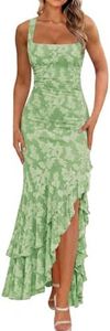 BORIFLORS Women's Elegant Ruched Floral Maxi Dress Mesh Mermaid Ruffle Wedding Guest Cocktail Long Formal Dresses, X-Large, Sage Green