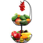 PT COVER Fruit Basket - 2 Tier Fruit Bowl with Banana Hanger for Kitchen Counter - Obsidian Black