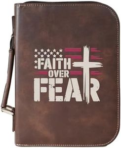Faith Over Fear Bible Cover – Vegan Leather Scripture Case with Cross & Flag – Zippered Journal Holder with Handle, Fits Large Bibles, Rustic