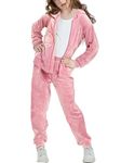 Woolicity Girls Sweatsuits Set Velour Tracksuit 2 Piece Outfits Zip Up Hoodies and Pants Sportswear Jogging Set, Pink, 7-8 Years