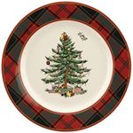 Spode Christmas Tree Tartan Salad Plate, 7.75-Inch, Round, Made of Ceramic, Use to Serve Salad, Dinner, or Dessert, Holiday Dishes, Dishwasher and Microwave Safe