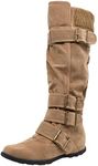 Generation Y Womens Mid Calf Knee High Boots Ruched Suede Knitted Calf Buckles Rubber Sole Taupe SZ 6