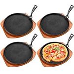 FoldTier Cast Iron Fajita Plate Set 9.84'' Steak Plate Sizzling Pan with Wooden Base and Gripper for Home Restaurant Kitchen Catering Cooking for Grilling Meats Seafood(4 Sets)