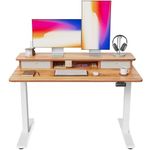 FEZIBO Height Adjustable Electric Standing Desk with Double Drawer, 120 * 60cm Stand Up Table with Storage Shelf, Sit Stand Desk with Splice Board, White Frame/Light Brown Top