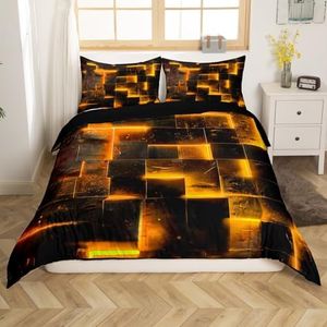 Erosebridal 3D Geometric Bedding Sets King Abstract Aesthetic Comforter Cover, Black and Orange Bed Set Glowing Futuristic Cubes King Duvet Cover, Neon Grid Quilt Cover 3-Piece (Black Reversible)