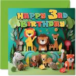 3rd Birthday Card for Boys Girls - Jungle Animals - Happy Birthday Card 3 Year Old Boy Girl, Third Birthday Cards for Him Her, 145mm Greeting Cards for Nephew Niece Children Kids (NOT 3D POP UP)