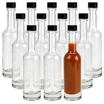 BELLE VOUS 12 Pack Sauce & Liquor Bottles - Glass 150ml (5 fl oz) Empty Spirit Bottles with Leak Proof Black Screw Caps - For Hot Sauce, Oils & Dressings - Small Bottles for Weddings and Parties