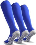 CWVLC Youth Soccer Socks 3 Pairs Girls Boys Rugby Sport Team Athletic Knee High Long Tube Cotton Compression Socks Blue Medium (5Y-7Y Youth/6-10 Women)