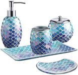 Bathroom Accessory Set | 5-Piece Decorative Glass Bathroom Soap Dispenser Set | Soap Dispenser, Tray, Jar, Toothbrush Holder | Elegant Blue Mosaic Glass Mermaid Bathroom