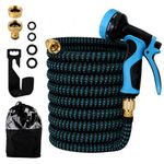 Expandable Telescopic Garden Hose 50FT with 10 Spray Patterns Nozzle |Flexible Water Hose Pipe with 3/4 Inch & 1/2 Inch Fittings, Brass Connectors, Leak Proof & Kink Free for Car Washing |Black&Blue