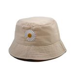 Unisex cotton Reversible Double Sided Wear Embroidered Packable Bucket Hat for Women Summer hat beach hat (Beige Daisy hat)