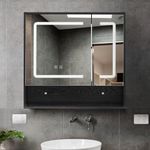 ALIMORDEN Medicine Cabinet with Light, Bathroom Wall Cabinet with Defogger Mirror & LED Lights, 2 Doors Wall Mounted Bathroom Mirror, Recessed or Surface Mount, Morden Black(Cubic 30.4 x 29.5)