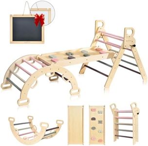 BlueWood Pikler Triangle Set, 7-in-1 Foldable Wooden Toddler Climbing Toys Indoor Playground Jungle Gym Montessori Philosophy Climber for 2-6 Years Old, Baby, Kids (Mauve Pink)