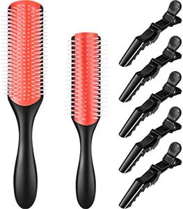 7-Piece Nylon Bristle Styling Set: Curly Hair Detangling Brush, Travel Brush, Hair Clips for Shaping and Defining Curls (Pink)