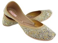 Fulkari Women's Sequins Flower Gold Soft Leather Jutis| Bite and Pinch Free Jutis | Phulkari Punjabi Jutti for Ladies | Wedding Flat Stylish Mojari Juti | Bridal Ethnic Flats for Girls | 38