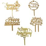 Yorkker Cake Toppers (Happy Birthday & Happy Anniversary) Golden Acrylic Cake Toppers for Kids Boy's Girls Adult Birthday Cake Decoration Supplies/Cake Accessories 5 Pcs Large