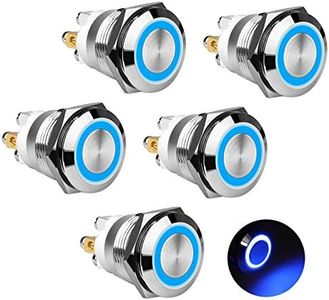 5Pcs 19mm Momentary Push Button Switch with Blue Led Indicator Light, 12V Pushbutton Switch Waterproof Stainless Steel Metal SPST Momentary Switch for Car Marine Boat 12V 24V 110V 250V 5A