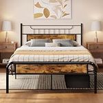 YITAHOME King Metal Bed Frame 5ft Rustic Style Bed Frame with Headboard and Footboard, Wooden Solid Slatted Bed Platformwith Large Under Storage Base Black for Bedroom