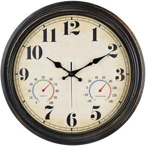 zyzamay 16 Inch Black Gold Vintage Indoor/Outdoor Wall Clock with Thermometer & Hygrometer & Waterproof, Large Silent Sweep Numerals, Perfect for Porch, Garden, Pool