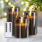 Tasodin Gray Glass Flickering Flameless Candles with Remote, Set of 3 (D3 H4 5" 6") Real Wax Battery Operated LED Pillar Candles for Home Decor