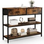 KOTEK Industrial Console Table with 2 Folding Drawers, Narrow Sofa Table with Metal Frame, Couch Table Behind Sofa, 3-Tier Entryway Table for Hallway, Foyer, Living Room, Rustic Brown