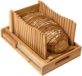 BambooSong Bamboo Bread Slicer with Crumb Tray Bamboo Bread Cutter for Homemade Bread, Loaf Cakes, Bagels Slicer, 3 Slice Sizes, Adjustable, Compact, Foldable