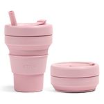 Stojo Jr Collapsible Travel Cup with Straw for Kids - Carnation Pink, 8oz / 250ml - Leak-Proof Reusable To-Go Pocket Size Silicone Bottle for Hot & Cold Drinks - Camping & Hiking - Dishwasher Safe