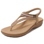 Womens Sandals Arch Support Slingback Sandals Summer Beach Shoes Ankle Strap Thong Elastic Flat Sandals for Women, Classic Apricot, 9.5