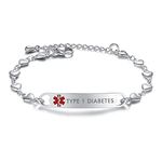 Medical Alert Bracelets for Women Stainless steel Heart Medical ID bracelets with Free Engraving (TYPE 1 DIABETES)