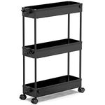 SPACEKEEPER Storage Trolley 3-Tier Slim Storage Cart Slide Out Rolling Utility Cart Mobile Shelving Unit Trolley Organizer Cart for Kitchen Bathroom Laundry Office, Plastic, Black