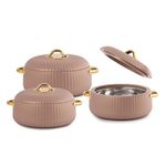 Cello Aurum Luxury Insulated Casseroles Set of 3, Brown (2x1000ml, 1x1500ml) | Double Walled Thermoware Casserole with Lid | Easy Grip Handle |PU Insulated Serving Bowl Casserole For Roti,Rice,Biryani