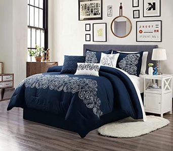 Chezmoi Collection Linz 7-Piece Navy/White Paisley Floral Scroll Embroidered Comforter Set, Queen