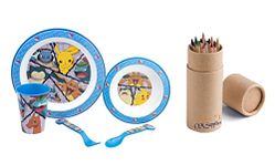 Cartoon Character Dinner Tableware Set 5pcs Plate, Bowl, Cup & Cutlery, BPA Free re-usable Plastic Microwave Safe Includes Half Size 12pcs Pencil Set