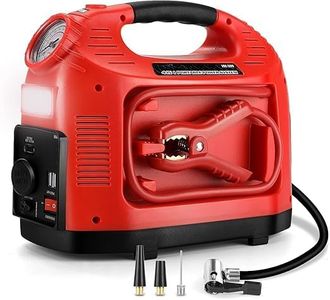 Jump Starter with 260 PSI Air Compressor,900A Peak Jump Start Battery Pack for up to 6.0L Gas or 3.0L Diesel Engine,Portable 4-in-1 Jump Box with Smart Safety Jumper Cable,Fast Charge, Light