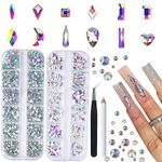 Canvalite 1820Pcs Rhinestones Nail Gems for Nail Art, 12 Styles 3D Glass Crystals Nail Rhinestones Shiny Multi Shape Flatback Face Gems with Rhinestones Picker and Tweezers Nail Art Tools