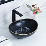 Davivy 16.3'' X 13.4'' Matte Black Oval Vessel Sink with Pop Up Drain,Bathroom Vessel Sinks with Gold Trim,Bathroom Sinks Above Counter,Counter top Sink,Black Ceramic Vessel Sinks for Bathroom