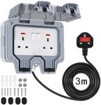 Chilymes Double Outdoor Socket with 3m Extension Lead, Outside Plug Socket IP66 Waterproof Socket 13Amp 2 Gang Switched Socket Cover, Wall Electrical Outlet Socket Box