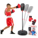 GYMAX Free Standing Punching Ball, Inflation-Free Boxing Set with Boxing Gloves and Stand, 6-Position Adjustable Punching Bag for Children