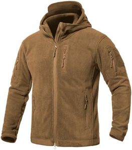 CARWORNIC Men's Tactical Hooded Fleece Jackets Full-Zip Winter Warm Polar Military Outdoor Hiking Coat with Zipper Pockets, Khaki, Small