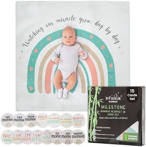 infancie Organic Bamboo & Cotton Muslin Baby Swaddle Blanket (120 x 120 cm) - 47 x 47 Inches with 6 Milestone Cards & 9 Statement Cards | Baby Growth Tracker Blanket for Baby Boys and Girls