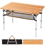 KingCamp Bamboo Folding Table Lightweight Camping Table with Storage Mesh Layer 4-Folds Portable Picnic Camp Table Sturdy Adjustable Height Aluminum Legs for Outdoor Dinning Beach 4-5 Person