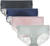 LIQQY Women's 4 Pack Cotton Mid Rise Pretty Lace Back Full Coverage Brief Panty Underwear (Black/Navy/Pink/White, Small)