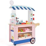 COSTWAY Kids Food Cart, Wooden Grocery Store Playset with POS Machine, Lovely Scale, Beverage Rack & Wheels, Role Play Shop Trolley for Kids Over 3 Years Old