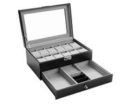 Autoark Leather 12 Watch Box with Jewelry Display Drawer Lockable Watch Case Organizer,Black,AW-001