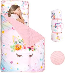 Pea Pod Toddler Nap Mat with Removable Pillow and Soft Dot Minky Blanket Kids Unicorn Napping Mats, Extra Large Rolled Slumber Bags for Girls Preschool, Daycare, Camping, 22 x 54inches Ages 3-7 Years