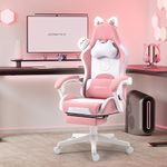 Dowinx Gaming Chair Cute with Cat Ears and Massage Lumbar Support, Ergonomic Computer Chair for Girl with Footrest and Headrest, Comfortable Reclining Game Chair 290lbs for Adult, Teen, Pink