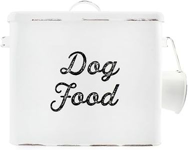 AuldHome Rustic Dog Food Canister; White Farmhouse Style Storage Bin for Small Dogs