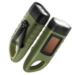 GeeRic 2-Pack Hand Crank Solar Powered Flashlight, Emergency Rechargeable LED Flashlight, Survival Flashlight, Quick Snap Carabiner Dynamo Flashlight Torch for Outdoor Sports, Army Green+Green