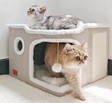 Spindro Large Cat Cave Bed for Indoor Cats, Cats Cube House with Scratch Pad Cat Condo Hideaway Tente Hut with Washable Sherpa Warm Soft Cat Mat, Cute Cat Beds Furniture, Modern Dog Bed,Beige