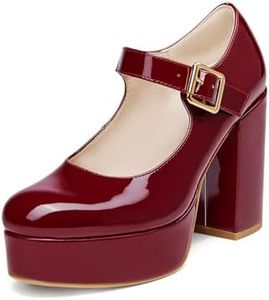 Coutgo Mary Jane Shoes Women Dark Red Platform Heels for Women Patent Chunky Heels